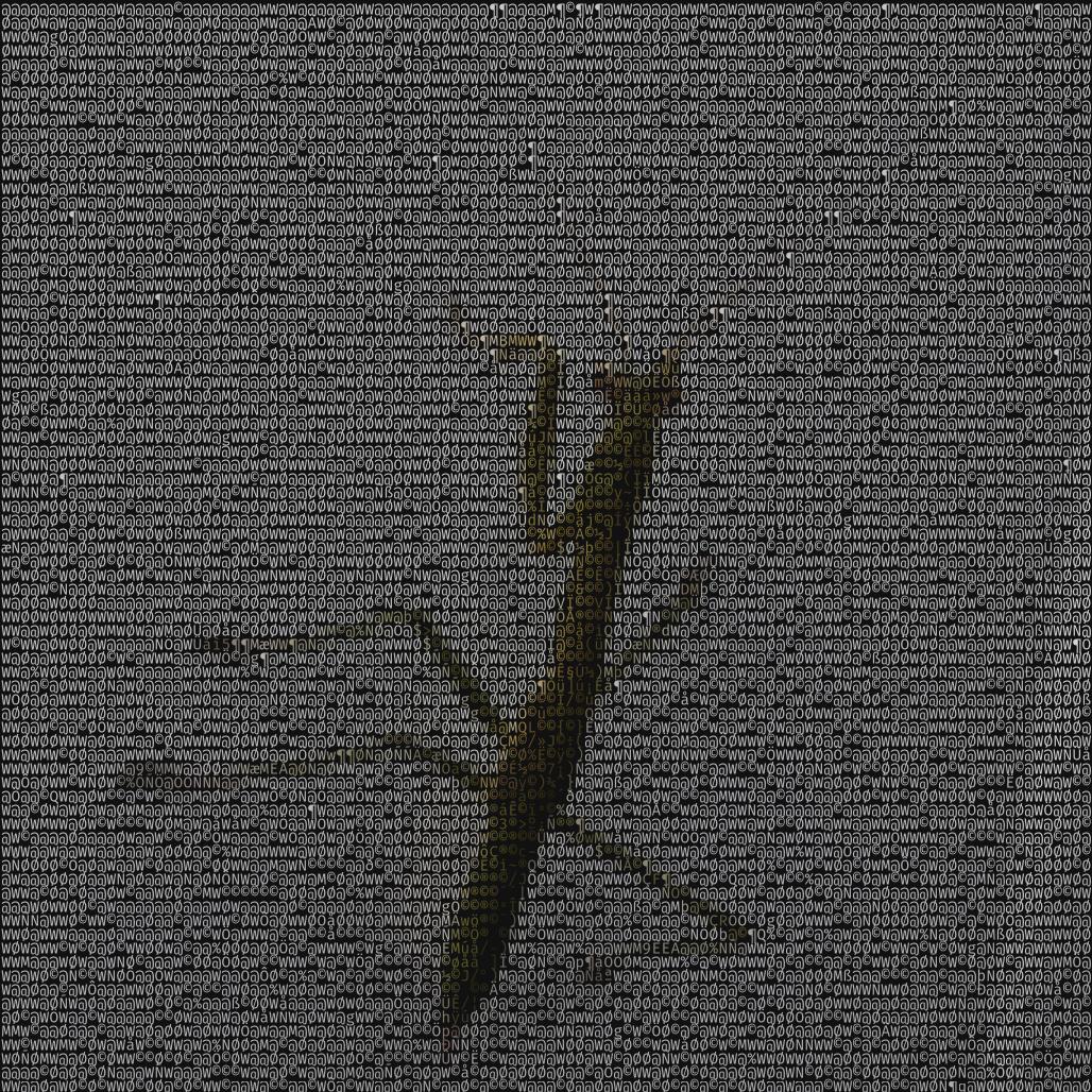 Right Image: Image of a Praying Mantis on a white fence, filtered through ArtSCII with the following command: 'artscii in.jpg out.jpg -font "Fira Code" -fontsize 14 -nocl'.